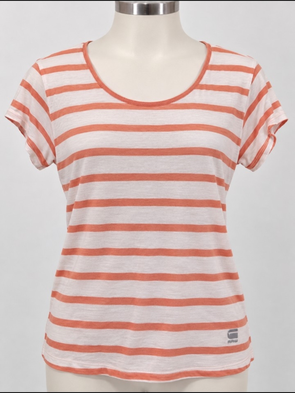 G-Star Coral and White Striped Scoop Neck Tee